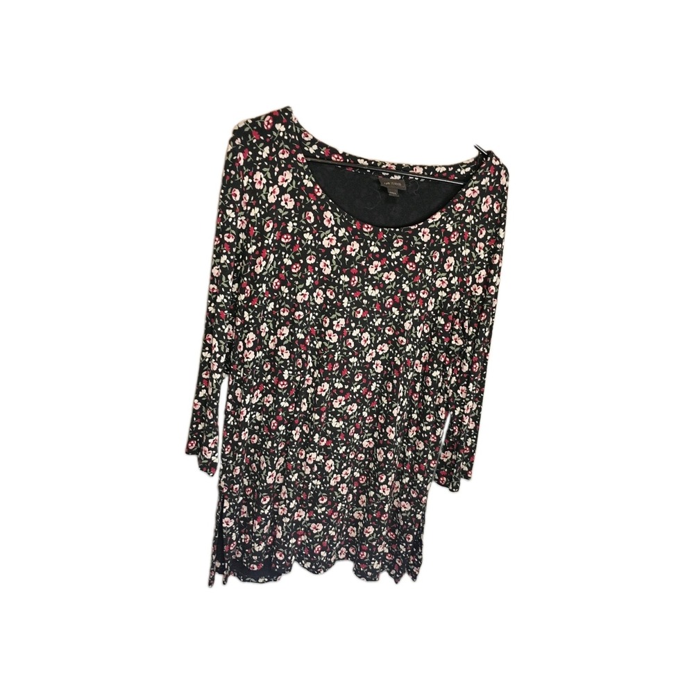J Jill Wearever Floral Tunic Top Black Red White 3/4 Sleeve Relaxed Fit Large